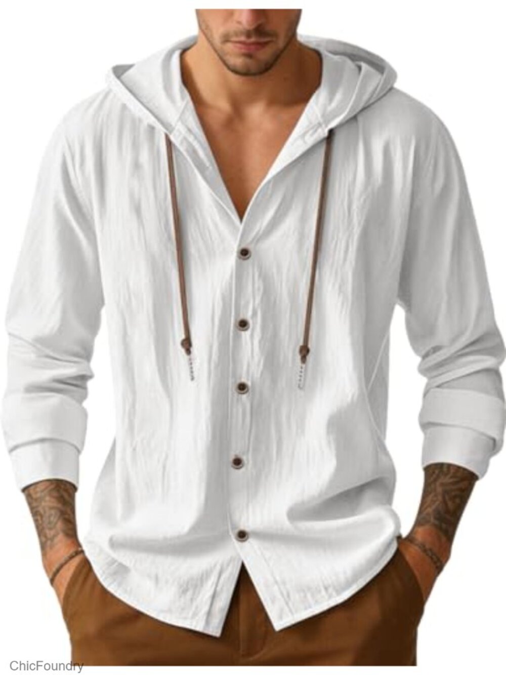 Mens 100% Cotton Linen Button Down Hoodie Long Sleeve Casual Beach Shirt